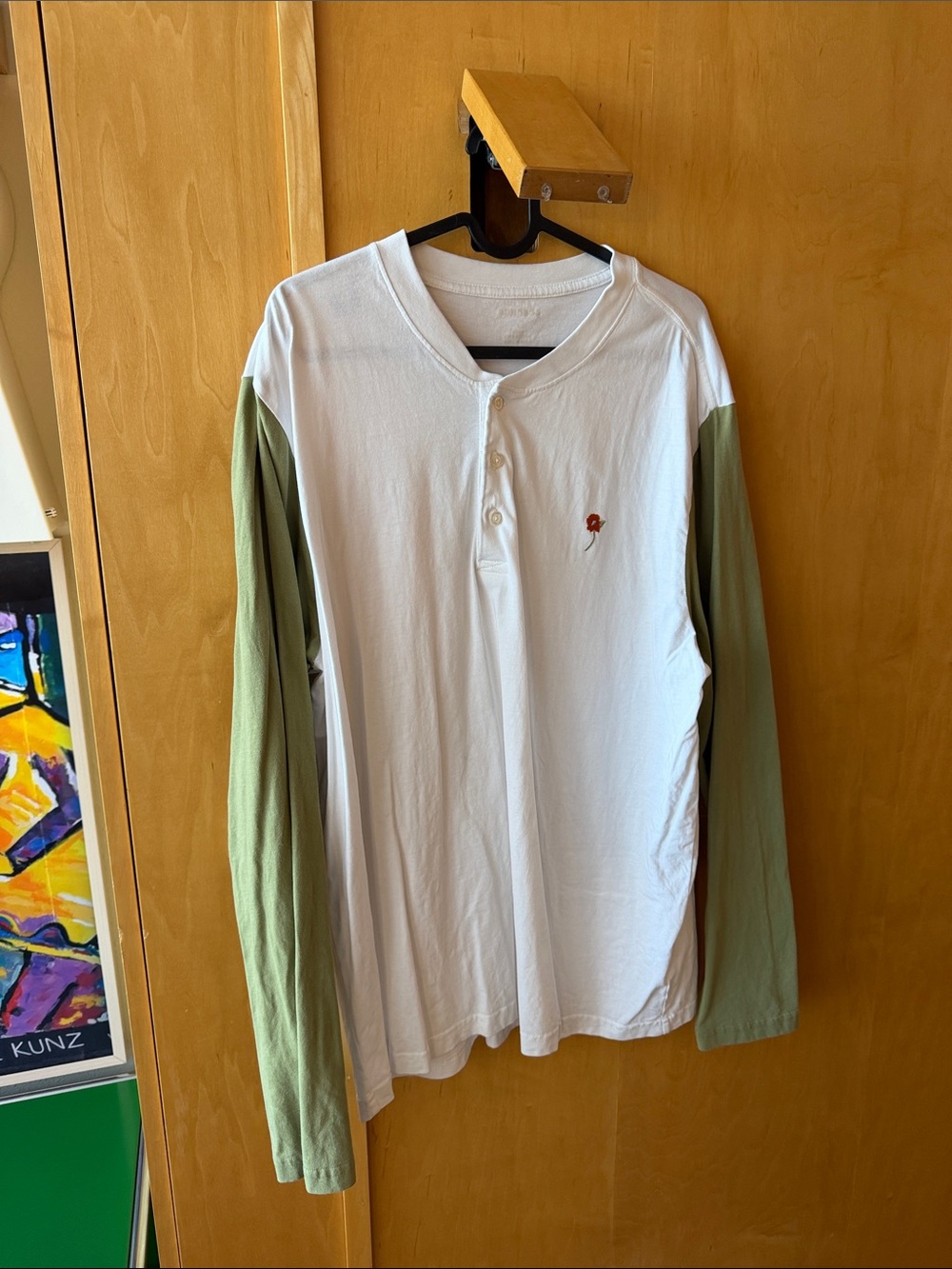 Bonobos White Henley with Olive Green Long Sleeves